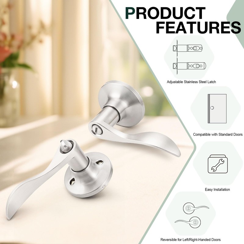 GOBEKOR 4 Pack Privacy Door Levers Brushed Nickel Privacy Door