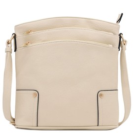 ALYSSA Triple Zip Pocket Large Crossbody Bag (Beige)