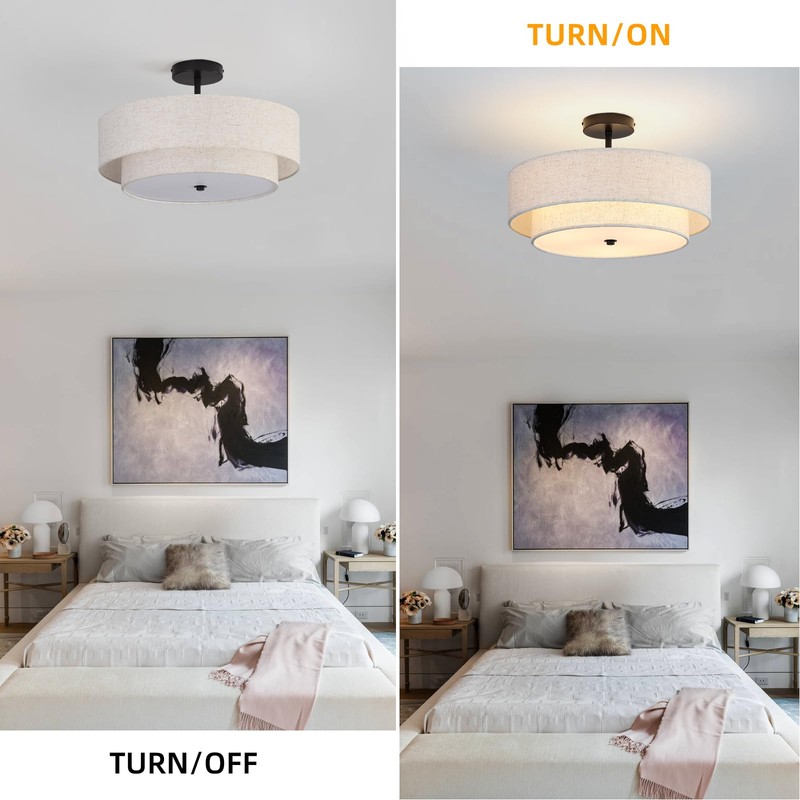 18" Semi Flush Mount Ceiling Light with Fabric Lampshade Modern