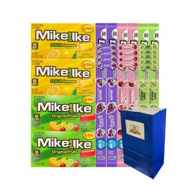 Big Top Deals USA 5.25x3.2x8 Blue Paper Treat Bag with Assorted Candy Mix, 10 Pack – Party Favor, Mike and Ike Original Fruits, Sour Lemon, Taffy Ropes Grape, Cherry, Sour Apple, 1PC Bag