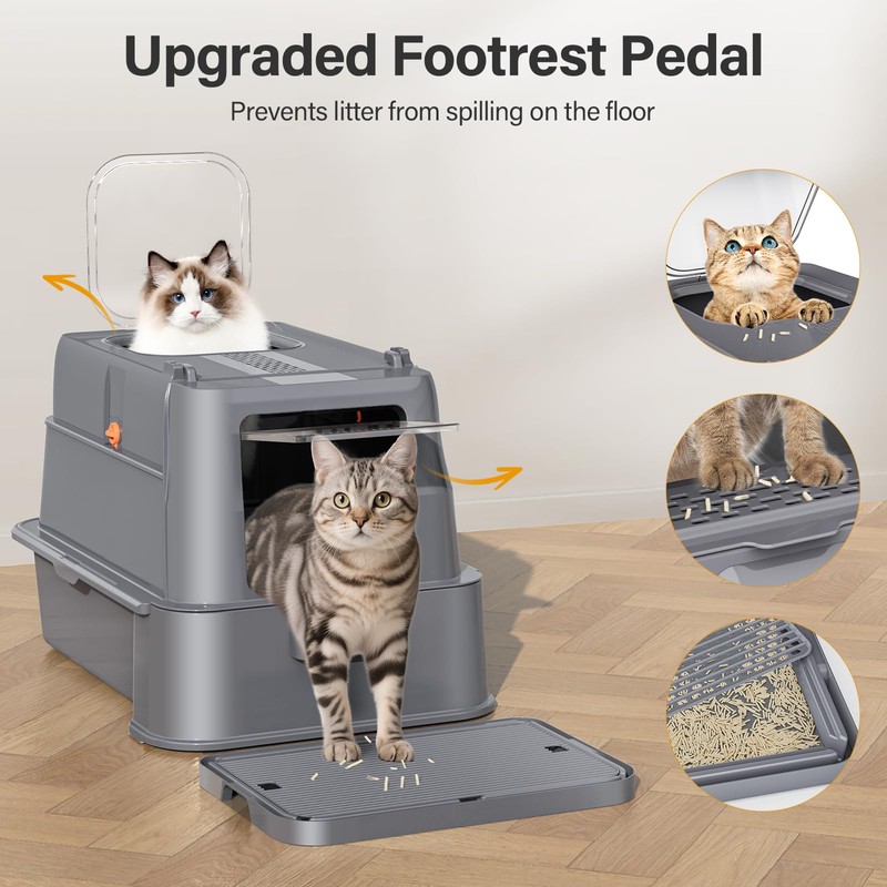 HEGGCOOE Enclosed Stainless Steel Cat Litter Box with Lid，XL Large