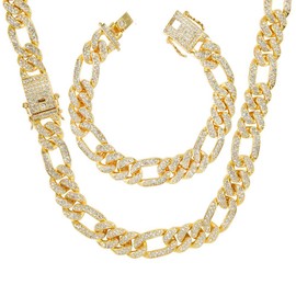 putouzip Miami Cuban Link Chains Set For Men 12/14/20mm 18K Gold Plated Diamond Fully Iced Out Chain Bracelet Necklace(13mm Figaro Gold Set,24inch)