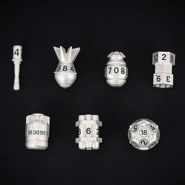 Cusdie 7-Die Creative Metal Dice Set DND Dice Set for Dungeons and Dragons TTRPG Role Playing Dice Games RPGs(Silver w/Green Numbers)