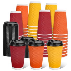 JarThenaAMCS 90 Pcs Fall Colored Coffee Paper Cups Autumn Orange Red Yellow 16oz Disposable Corrugated Ripple Wall Cups with Lids for Hot Cold Drinks Thanksgiving Holiday Party Supplies