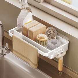 Indrnif Spülbecken Organizer Hängend Ohne Bohren Spüle Organizer Schwammhalter Küche Spülbecken Caddy Organizer Wand mit Handtuchhalter und Haken für Küchenzubehör Schwamm,Bürste