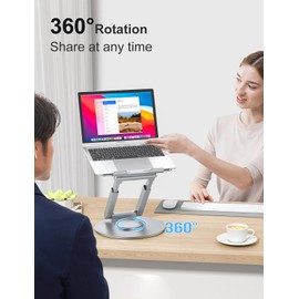 tounee Telescopic Laptop Stand for Desk with 360° Swivel Base, Sit to Stand, Height Adjustable, Portable Riser Holder for Good Posture, Compatible with All Laptops 10-17"-Silver