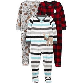 Simple Joys by Carter's Toddler Boy's 3-Pack Flame Resistant Fleece Footed Pajamas Sleepwear, animals green/stripe/mouse/buffalo check, 2T