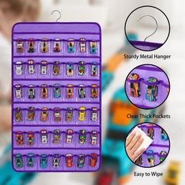 TEMUORG Wheels Storage Holder Matchbox Cars Organizer Dual Sided Hanging Toy Cars Display Case with 84 Clear Pockets (Dual Sides-Purple)