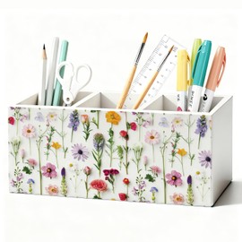 LIANGW Floral Pen Pencil Holder for Desk Accessories, Cottagecore Colorful Wildflower Botanical Wooden Box Sign Decorations for Girls Room Bedroom Dorm Home Office Desk Tabletop