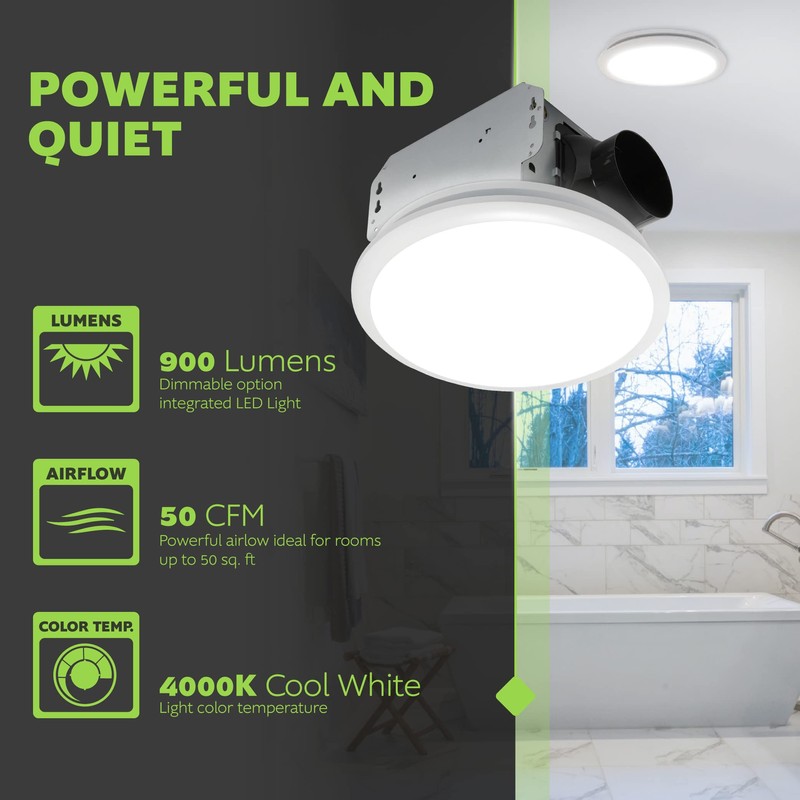 Homewerks 7141-50 Bathroom Fan Integrated LED Light Ceiling Mount Exhaust