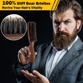 Hair Brush for Men, Stylemate Stiff Boar Bristle Mens Hair Brush for Thick Hair, Wooden Walnut Handle with Ergonomic Design, Ideal for Smoothing, Wave, Detangling Styles