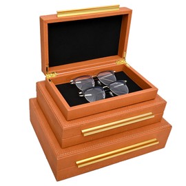 DECOR4SEASON Faux Shagreen Decorative Storage Boxes – Set of 3 Stackable Jewelry Organizers with Gold Metal Handles & Velvet Lining, Modern Burn Orange Box for Vanity, Entryway & Coffee Table Décor