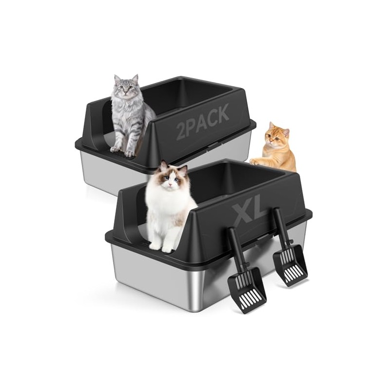 2 Pack XL Stainless Steel Litter Box with High Sides