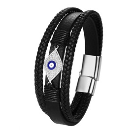 Flonge Evil Eye Leather Bracelet: Punk Rhinestone Evil Eye Pendant Leather Bracelet Multilayer Braided Wristband Wrap Bracelet with Silver Magnetic Stainless Steel Clasp