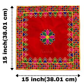 NAISHA Red Thread Work Embroidery Pooja Aasan Mat (Set of 2) 15" X 15" Velvet Puja/Altar Cloth Mandir, Multipurpose Pooja Decorations Keeping Accessories of Temple, Chowki, Slab Article. Beautiful
