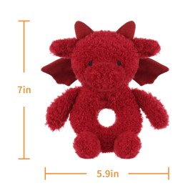 Apricot Lamb Baby Lovey Red Dragon Fluffy Rattle Toy, Plush Stuffed Dragon for Newborn Soft Over 0 Months (Red Dragon, 6.7 Inches)