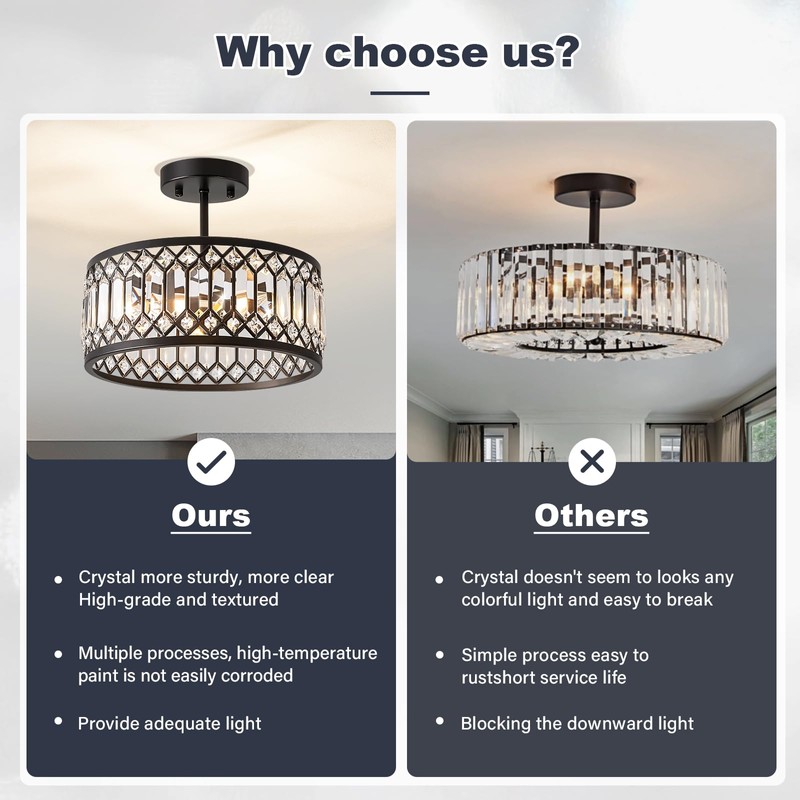 Pevfah Crystal Black Ceiling Light, Modern Semi Flush Mount Ceiling