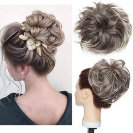 Tousled Updo Messy Bun Hair Piece Hair Extension Ponytail With Elastic Rubber Band Updo Extensions Synthetic Hair Extensions Scrunchies Ponytail Hairpiece for Women Medium Brown to Bleach Blonde