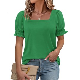 ATHMILE Square Neck Tops for Women Trendy Summer Cute Dressy Casual Ruffle Trim Sleeve Tshirts Fashion Clothes 2025 Green