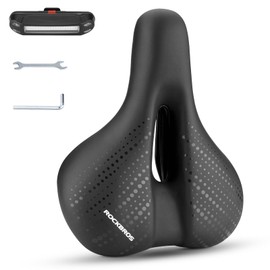 ROCKBROS Comfort Bike Seat - Universally Comfy Bicycle Seat with Tail Light Fits Stationary, Mountain, and Cruiser Bike Saddles - Easy Assembly Tools Included
