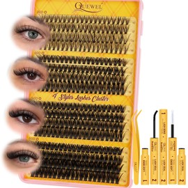 QUEWEL Cluster-Lashes-Kit, 320PCS Lash Extension Kit Mixed Length 10-16mm, Thick Eyelash Clusters with Bond And Seal and Lash Tweezers, Easy DIY at Home(30+40+50+60D KIT)