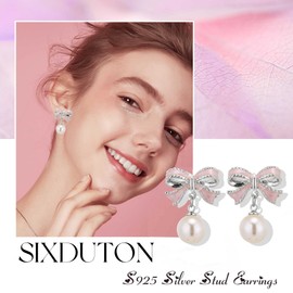 SIXDUTON Pearl Earrings Bow for Women, Gold Ribbon Bow Knot White Pearl Stud Earrings, Elegant Golden Bow Stud Earrings Jewellery Gifts for Women, Sterling Silver, No Gemstone