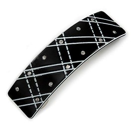 Black/White Acrylic Checked Pattern Crystal Barrette Hair Clip Grip In Silver Tone Metal - 80mm Long