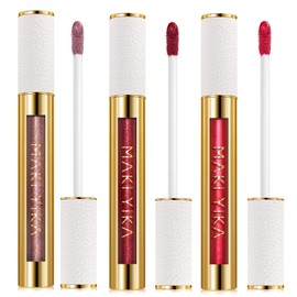 Lápiz labial metálico de 3 piezas, de larga duración, color nude, rosa y rojo, con brillo, lápiz labial de alto brillo, que no se mancha, no se...    
