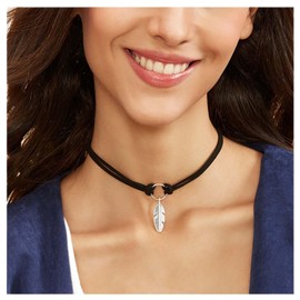 Iaceble Boho Feather Choker Necklace Black Layered Leather Necklace Silver Leaf Pendant Necklace Choker Retro Circle Link Necklace Chain Jewelry for Women and Girls