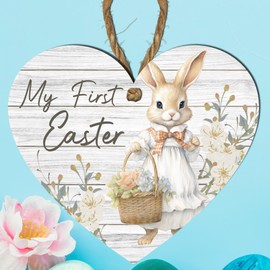 First Easter Wooden Heart Plaque | Vintage Girl Rabbit Design | 'My First Easter' Keepsake | Home Decor, Gift Hampers, Tree Ornaments | Spring Decor & Cherished New Beginnings Gift