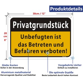 Privatgrundstück Sign Unbefugten ist das betreten und befahren verboten Sign Aluminium Private Prohibition Sign 30 x 20 cm Landstück Privat Verbotsschild Betreten verboten Warnhinweis widerrechtlich