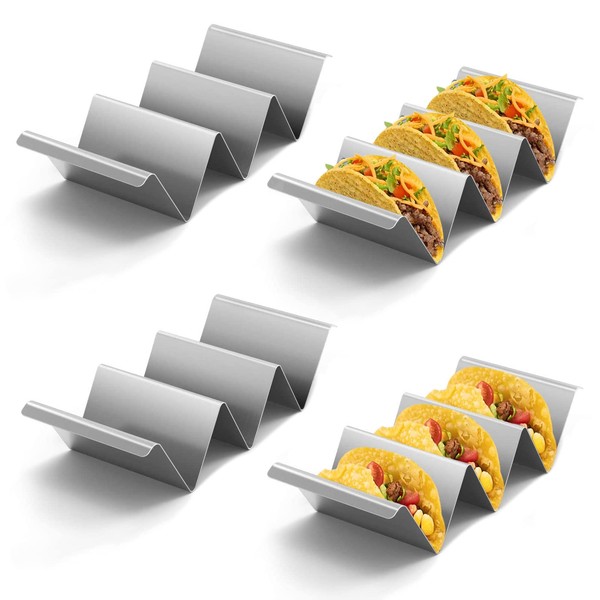 Taco Holder Stainless Steel Taco Stand with Handles, Wave Shape Metal Taco Rack Taco Trays Kitchen Gadget for Holding Tacos, Sandwiches, Bread, Hot Dogs and Pancakes (Pack of 4)