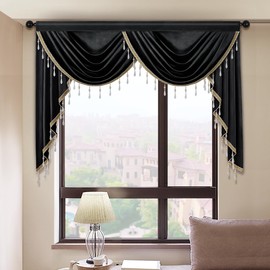 ELKCA Luxury Black Velvet Curtain Valances for Living Room with Beads(59inch,1 Panel)