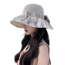 [Narebuy] レディース ハット つば広 UVカット 日除け帽子 蝶ネクタイ 紫外線対策 防風性 ファッション 汎用性の高い カバーフェイス 小顔効果 かわいい サイズ調節 通気性 エレガント 持ち運びに便利 アウトドア 海辺 登山 春夏