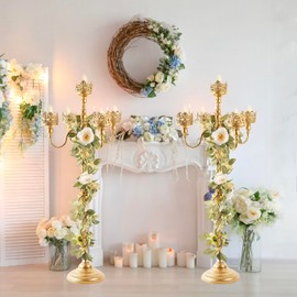 Gold Floor Candelabra for Wedding Event Decor, 40'' Tall Floor Candle Holders, 2 Pcs Metal 5 Arm Candelabra Centerpiece Decorations for 5 Pillar Candle Holders Party Wedding Aisle Home Decor