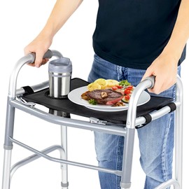 Vive Walker Tray for Folding Walker - (w/Cup Holder) - Adult Mobility Accessories - Fits Standard Walkers - Medical Table for Seniors Non Slip Mat for Food - Removable & Easy Assembly (Black)