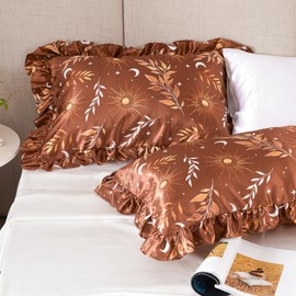 EXQ Home Ruffled Satin Pillowcase for Hair and Skin Queen Size- Gold Leaf Silk Pillowcase 2 Pack 20x30 inches - Satin Pillow Cases Set of 2 with Envelope Closure, Valentines Day Gifts for Women