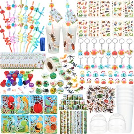 Poen 212 Pcs Insects Party Favors Set Include Cup Straw Stamp Clap Bracelet Keychain Ring Puzzle Sticker Animal Miniature Card for Birthday Summer Outdoor Party Baby Shower Goody Bag Stuffer