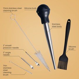 MEWMET Turkey Baster, Stainless Steel Baster for Cooking with Marinade Injectors Syringe, Basting Brush, Thick Cleaning Brush & Thin Cleaning Brush