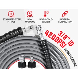 YAMATIC 3/8" Pressure Washer Hose 100 FT with Stainless Steel Swivel 3/8"&M22 Quick Connection, Non Marking Rubber 4200PSI Steel Wire Braided Power Replacement Hose for Hot/Cold Water, Wear Resistant
