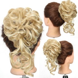 FDEETY Hairpiece with Elastic Band, Bun Hairpiece, Hair Scrunchie with Hair, Curly Hair Bun Synthetic Hair Extensions, Ponytail Hairpieces for Women and Girls (Golden)