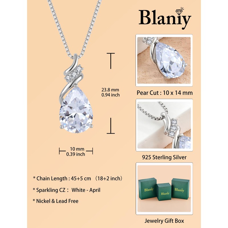 Blaniy Teardrop Necklace 925 Sterling Silver April Birthstone Jewelry