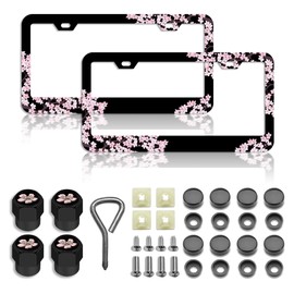 Cherry Blossoms License Plate Frame Premium Pink Flowers Steel License Plate Holder Compatible All Vehicle License Plate Tag Cover Fit Accessories Included (Pink)