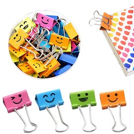 Pack of 48 Foldback Clips, 25 mm Paper Clips with Box, Smile Clips, Metal, File Clips, Binder Clips, Metal Clips for Notes Organising, Classification, Holds 110 Sheets of Paper (Colourful)