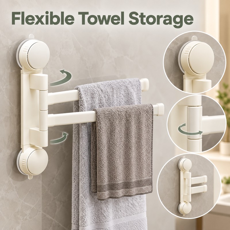 No-Drill Rotating Suction Cup Towel Rack – 180° Foldable Multi-Bar