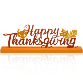 Realspring Fall Decorations for Home Happy Thanksgiving Metal Sign Thanksgiving Table Decor Fall Tiered Tray Decor with Wood Base Rustic Metal Word Sign for Home Tabletop Centerpiece Mantel Shelf Desk