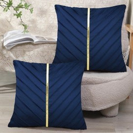 MissOwl Velvet Set of 2 Throw Pillow Covers with Gold Leather Home Decor Pillowcase Farmhouse Cushion Cover for Garden Couch Sofa Bed Living Room 18 x 18 Navy Blue
