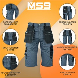 MS9 Mens Work Redhawk Cargo Combat Holster Pockets Tactical Worker Working Shorts Grey