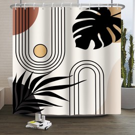 Xiaoterna Boho Sun Line Shower Curtain Retro Abstract Bathroom Curtain Black Leaves Sun Shower Curtain Rustic Countryside Shower Curtain Machine Washable Waterproof Fabric 180x220cm