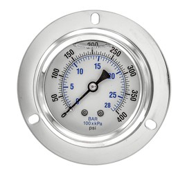 PIC Gauges PRO-204L-254I Panel Mount Front Flanged Glycerin Filled Industrial Pressure Gauge w/ SS Case, Brass Internals, Plastic Lens, 2.5" Dial, 0/400 psi Range, 1/4" Male NPT